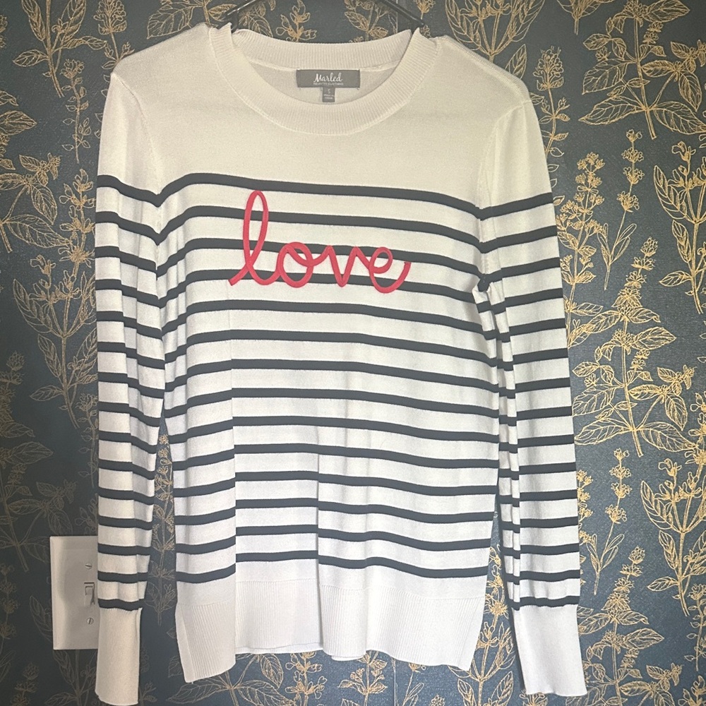 Ann Taylor White and Black Striped Sweatshirt with Pink Love Detail